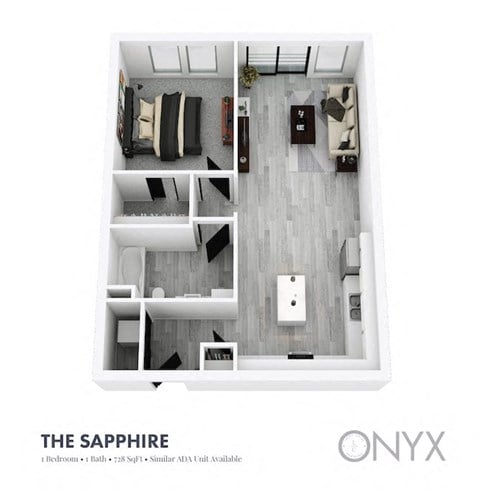 Floor plan for 1 bed, 1 bath, 750 sqft